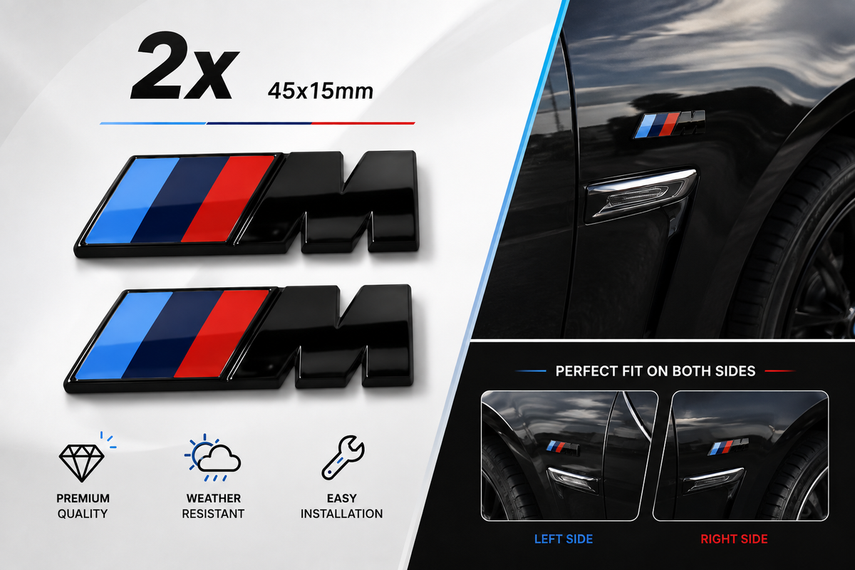 2x BMW M Sport Emblem Gloss Black Sticker Side Wing Fender Badge 45x15mm