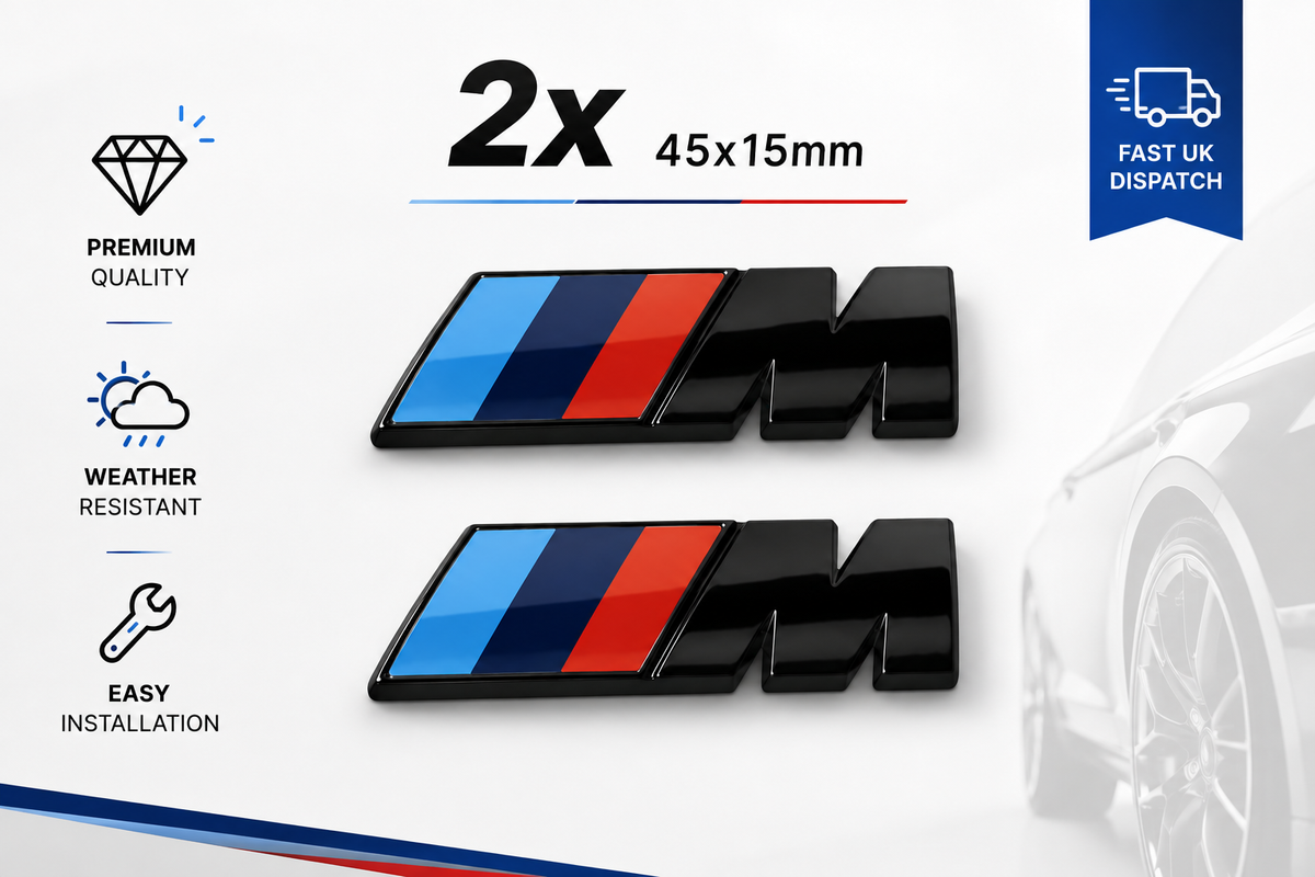 2x BMW M Sport Emblem Gloss Black Sticker Side Wing Fender Badge 45x15mm