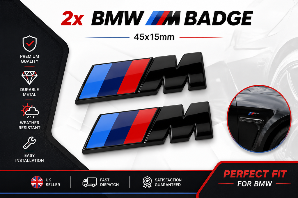 2x BMW M Sport Emblem Gloss Black Sticker Side Wing Fender Badge 45x15mm