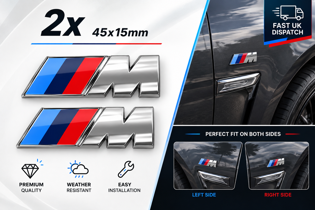 2x BMW M Sport Emblem Chrome Silver Sticker Side Wing Fender Badge 45x15mm